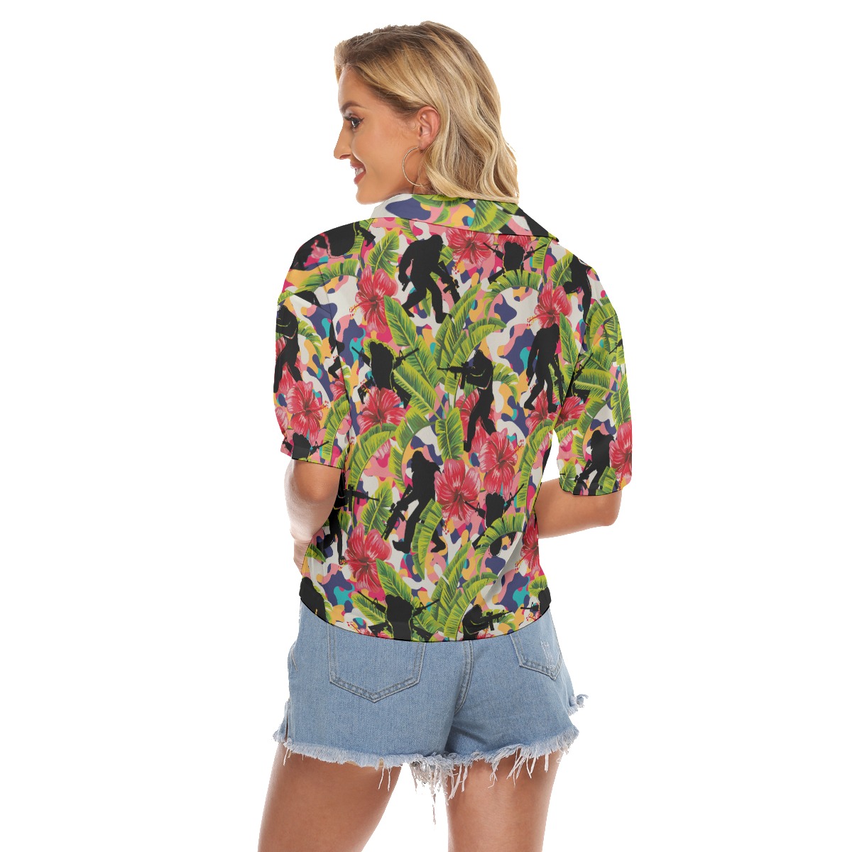 Funny Bigfoot Tactical Colorful Hibiscus Hawaiian Cropped Shirt For Women