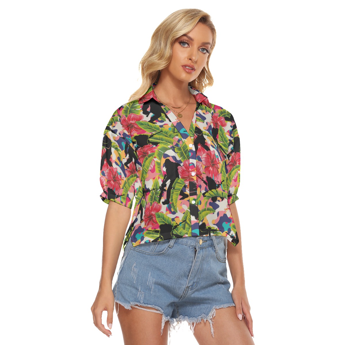 Funny Bigfoot Tactical Colorful Hibiscus Hawaiian Cropped Shirt For Women