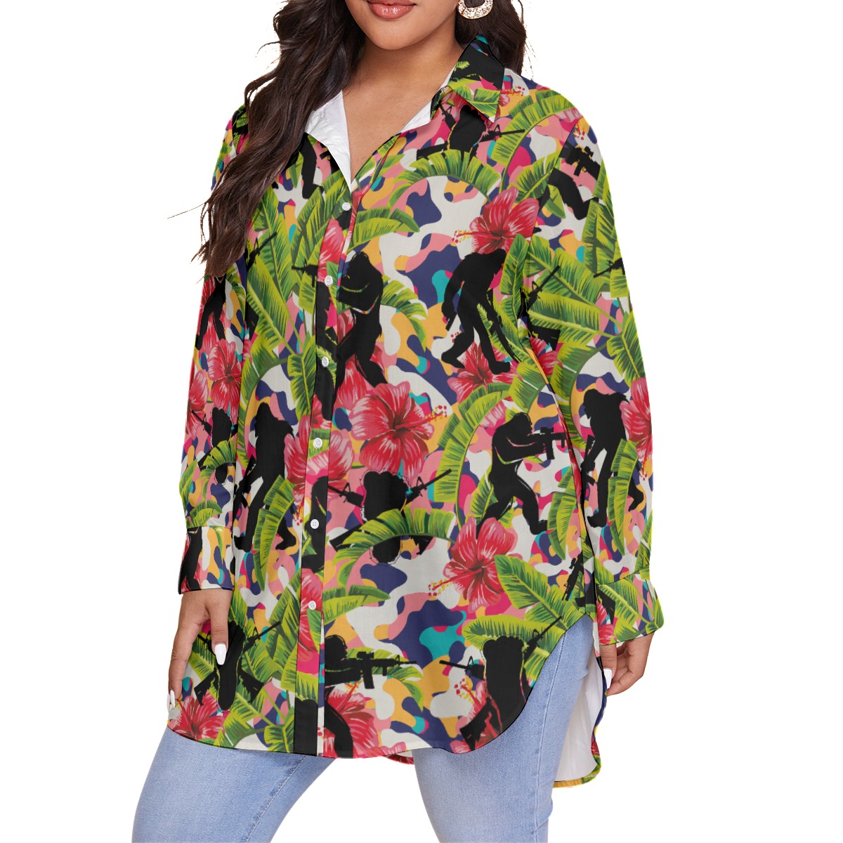 Floral Bigfoot Tactical Pink Hawaiian Plus Size Shirt For Women