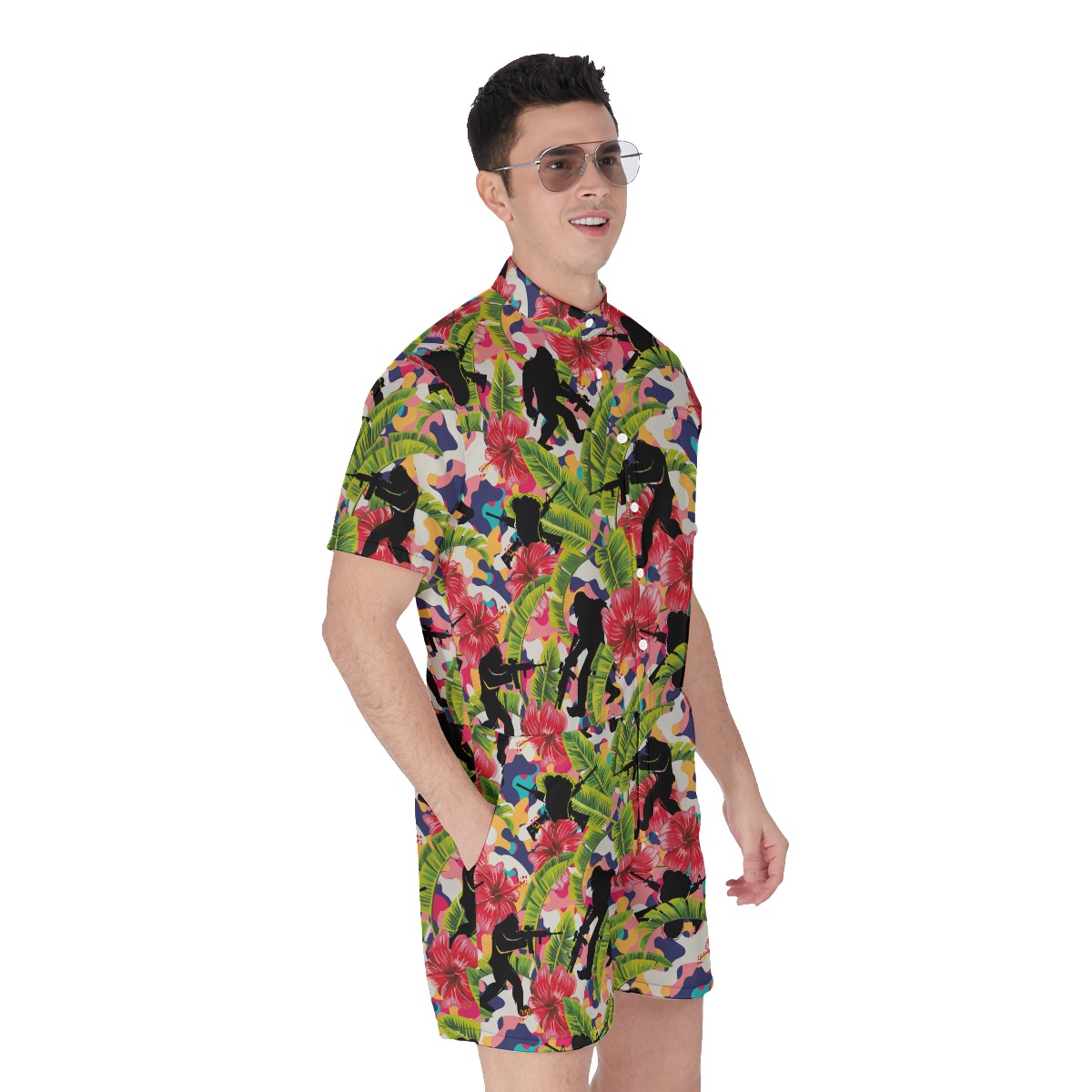 Tropical Bigfoot With Gun Hibiscus Men's Hawaiian Romper