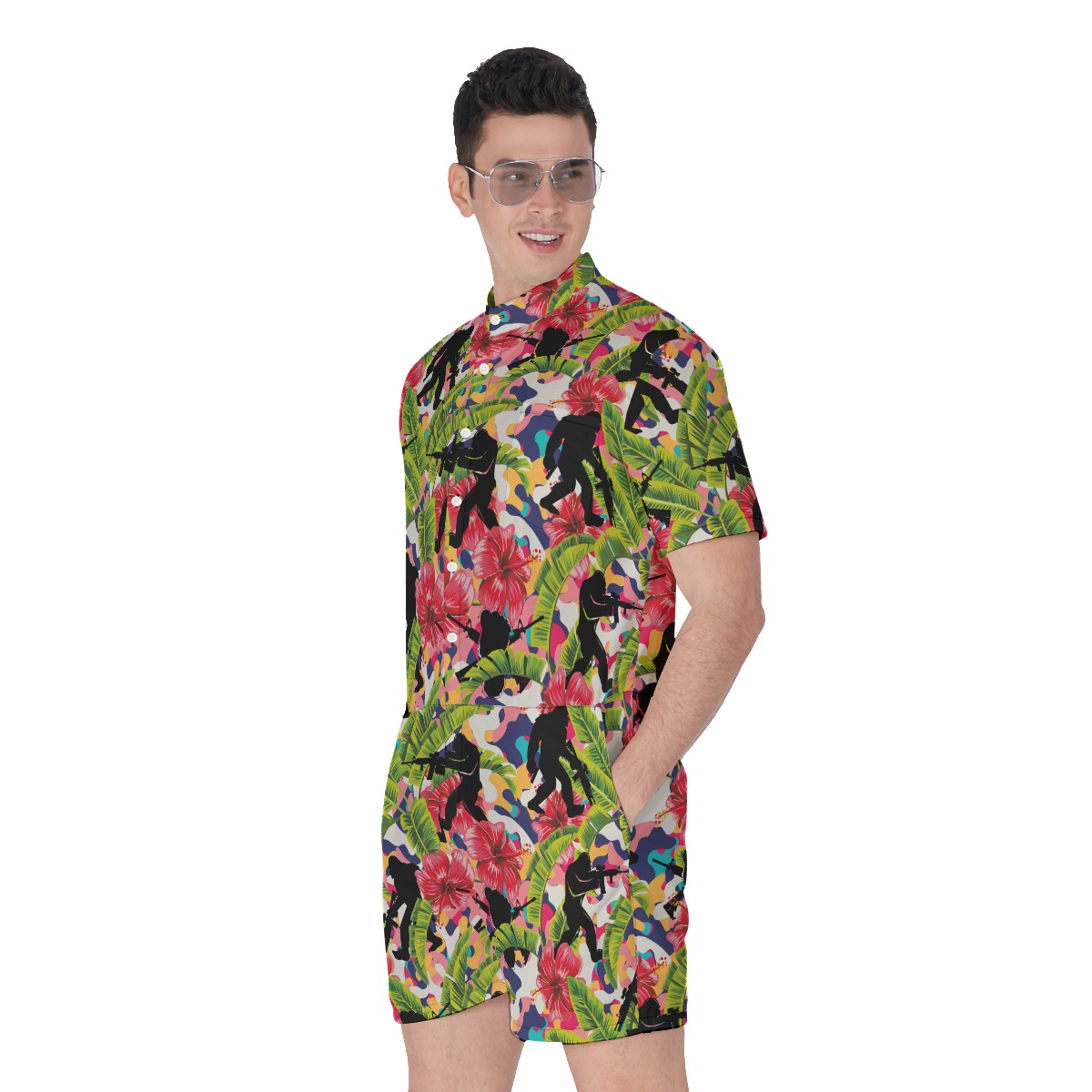 Tropical Bigfoot With Gun Hibiscus Men's Hawaiian Romper