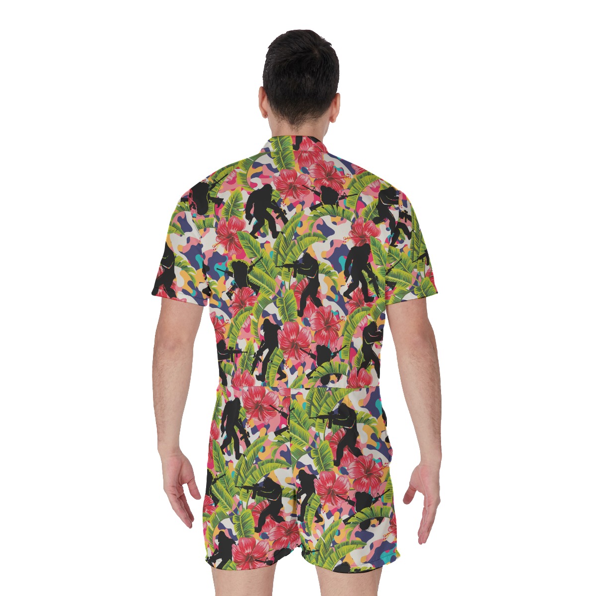 Tropical Bigfoot With Gun Hibiscus Men's Hawaiian Romper