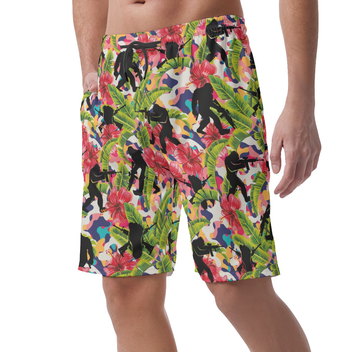 Colorful Bigfoot Tactical Hibiscus Hawaiian Beach Shorts For Men