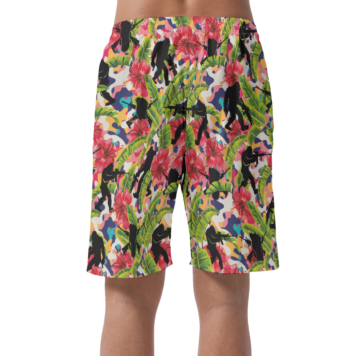Colorful Bigfoot Tactical Hibiscus Hawaiian Beach Shorts For Men