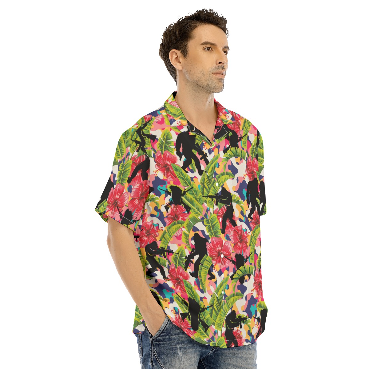 Funny Bigfoot Gun Hibiscus Floral Hawaiian Shirt