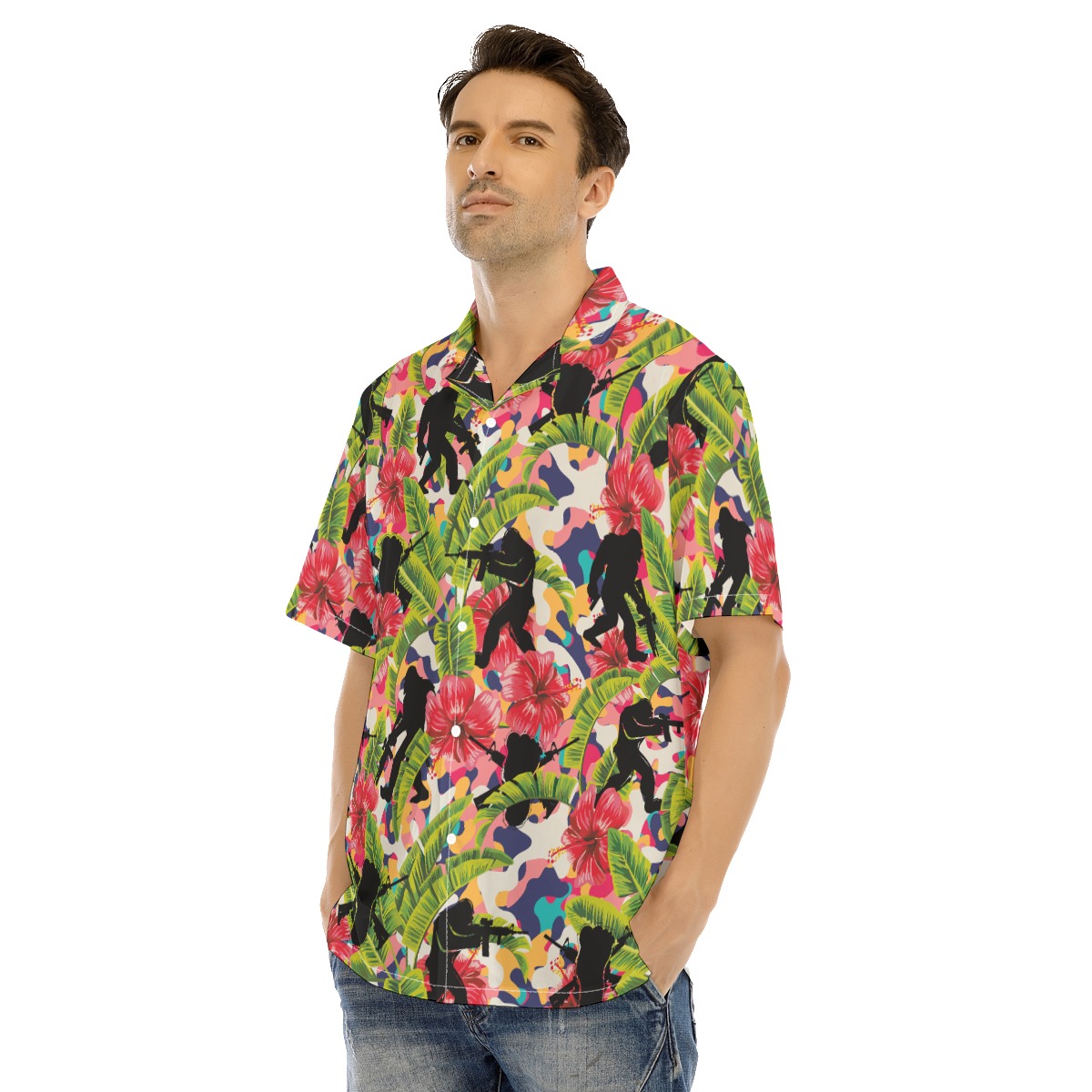 Funny Bigfoot Gun Hibiscus Floral Hawaiian Shirt