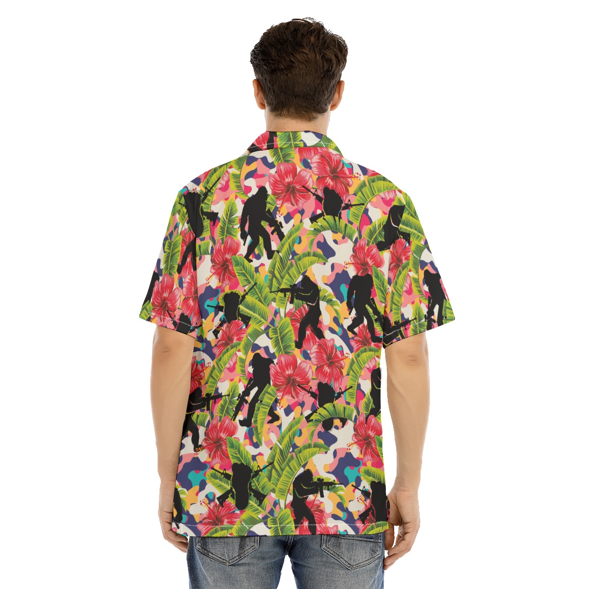 Funny Bigfoot Gun Hibiscus Floral Hawaiian Shirt