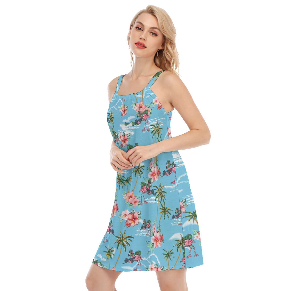 Tropical Flamingo Tactical Palm Tree Hawaiian Dress For Women