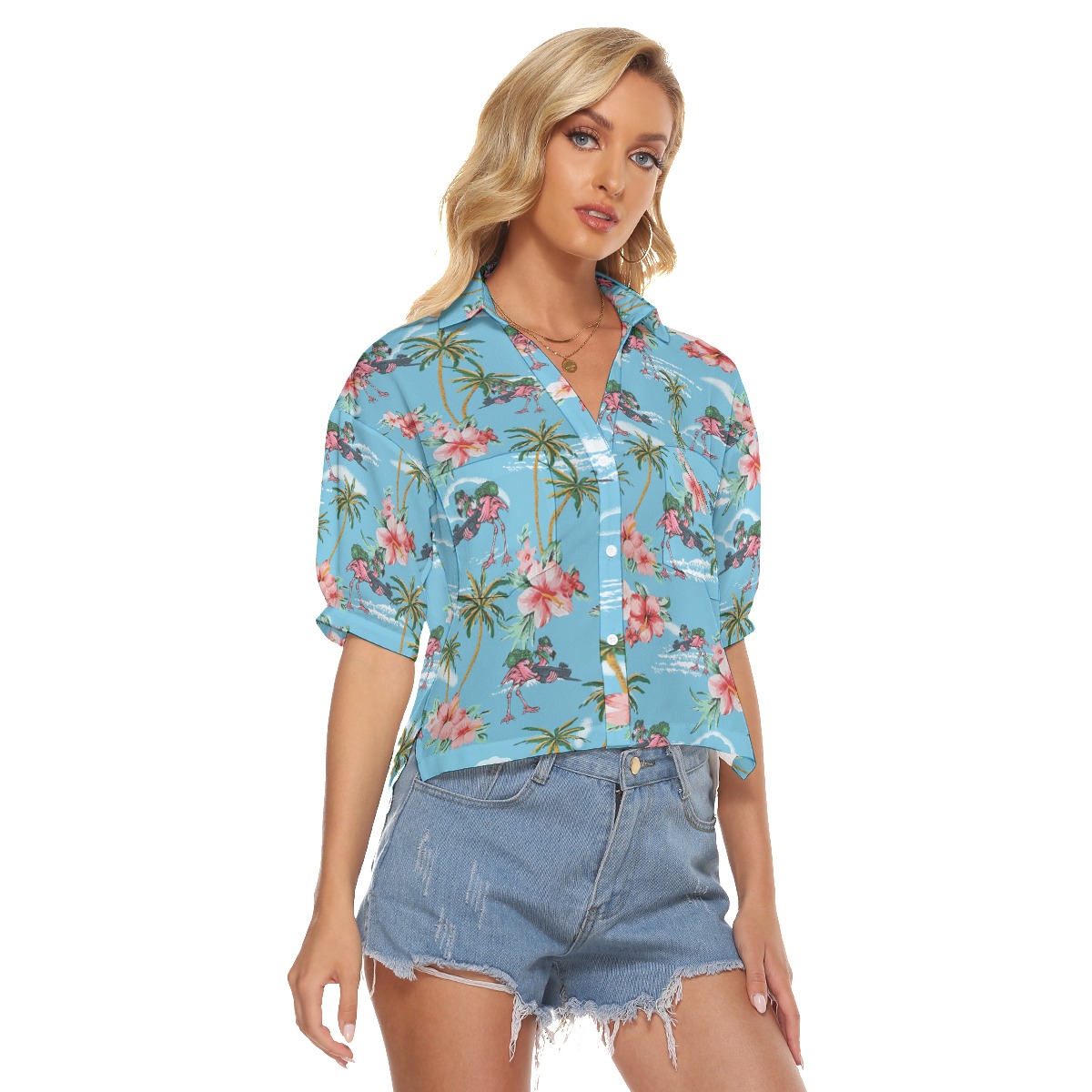Funny Tactical Flamingo Tropical Palm Trees Hawaiian Crop Top Shirt For Women