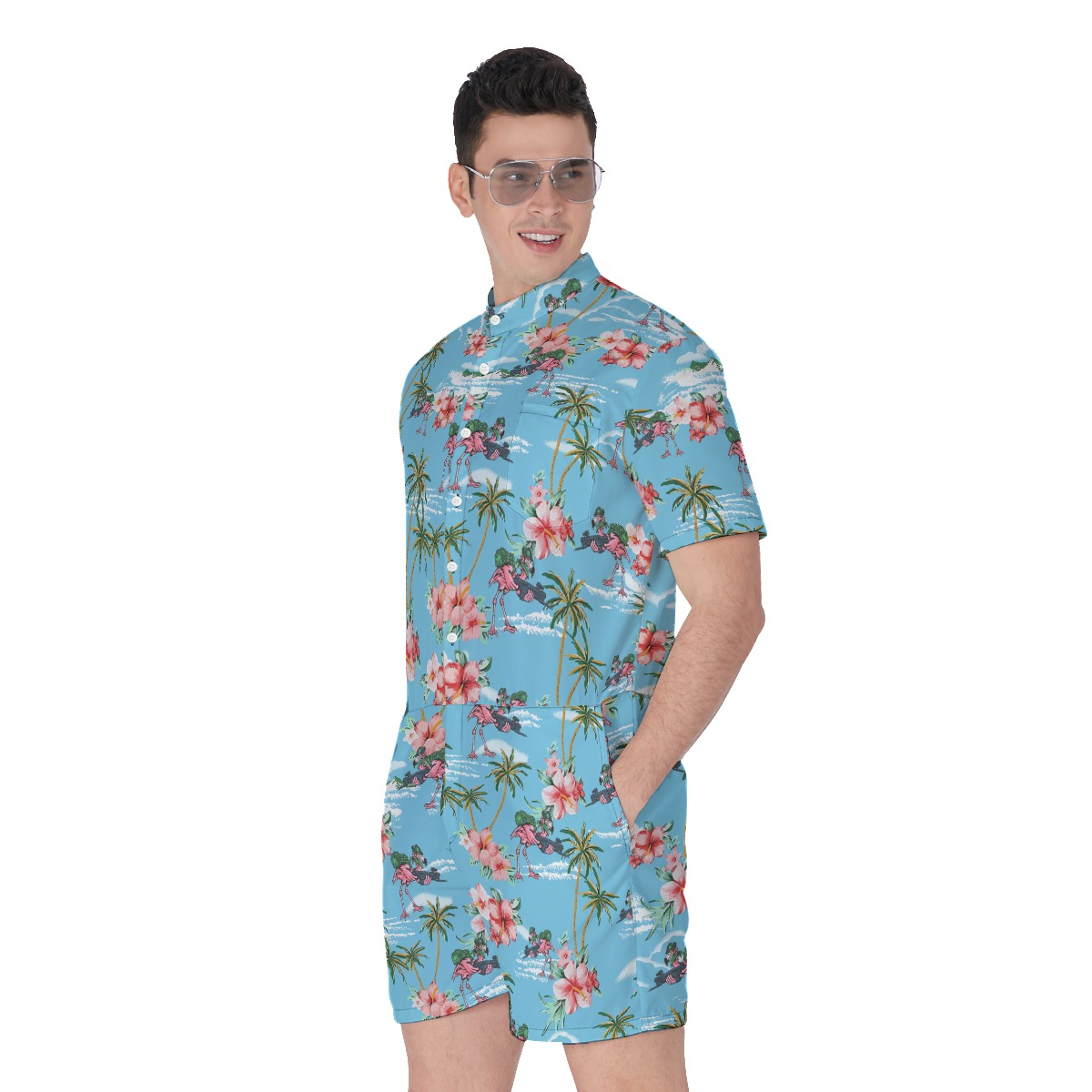 Funny Tactical Flamingo Tropical Hibiscus Hawaiian Romper For Men