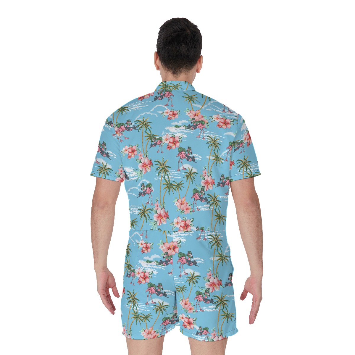 Funny Tactical Flamingo Tropical Hibiscus Hawaiian Romper For Men