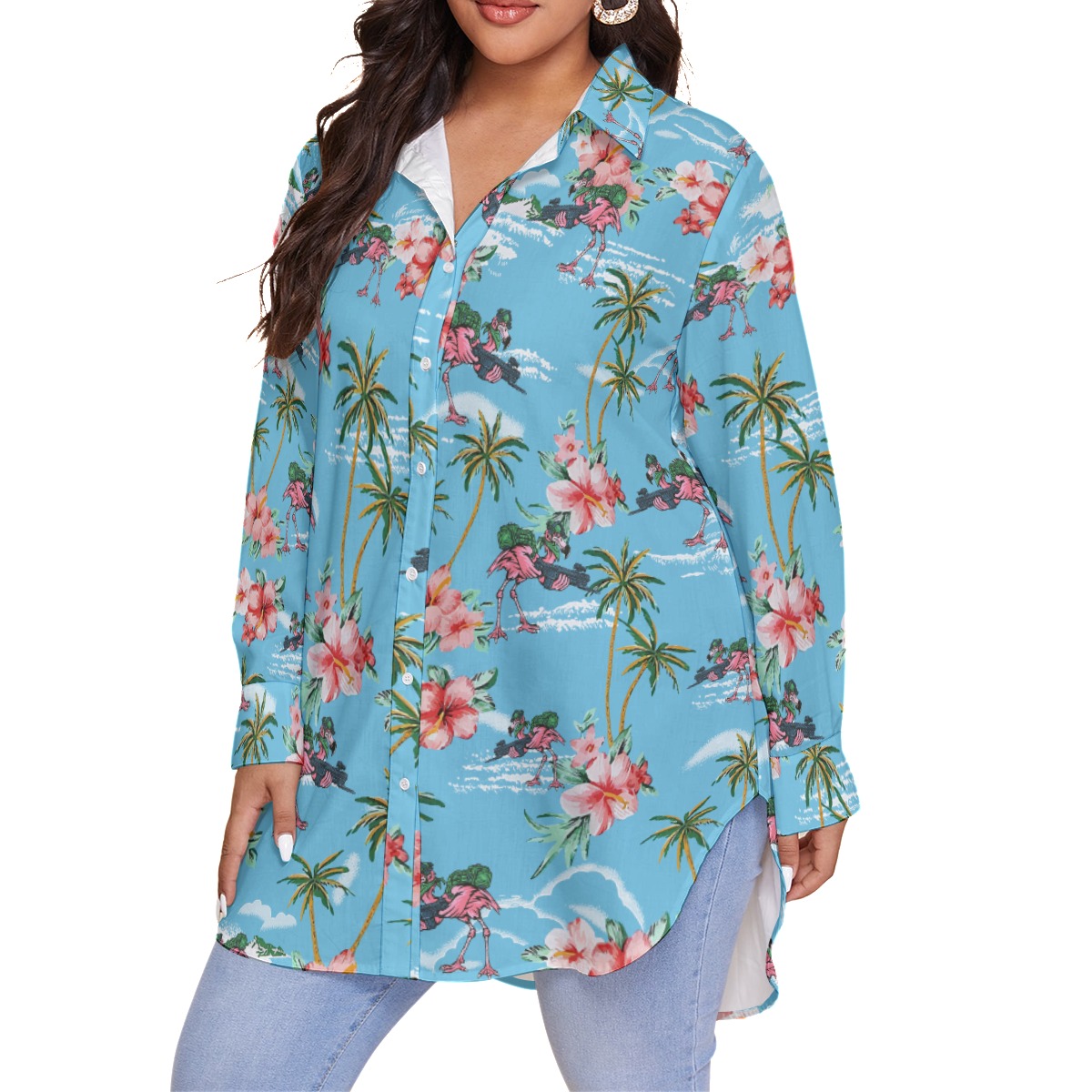 Funny Flamingo With Gun Tropical Blue Hawaiian Plus Size Shirt