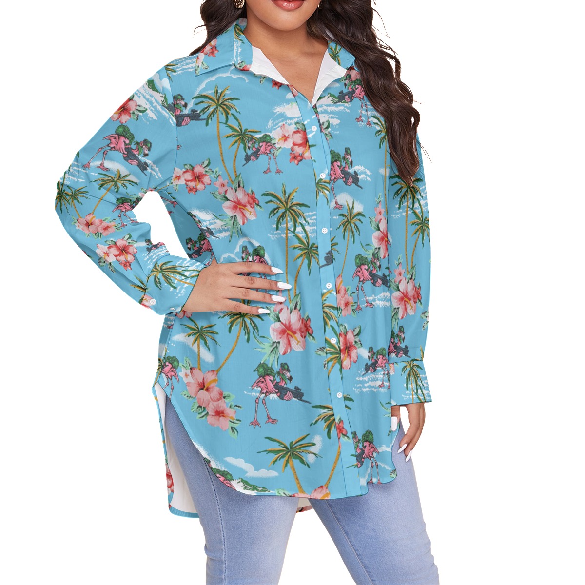 Funny Flamingo With Gun Tropical Blue Hawaiian Plus Size Shirt