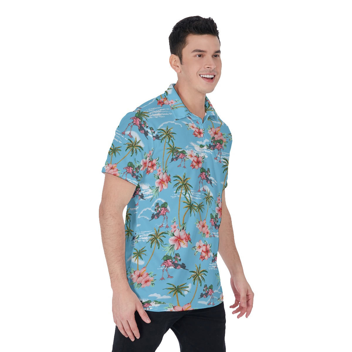 Funny Tactical Flamingo With Gun Tropical Blue Hawaiian Polo Shirt