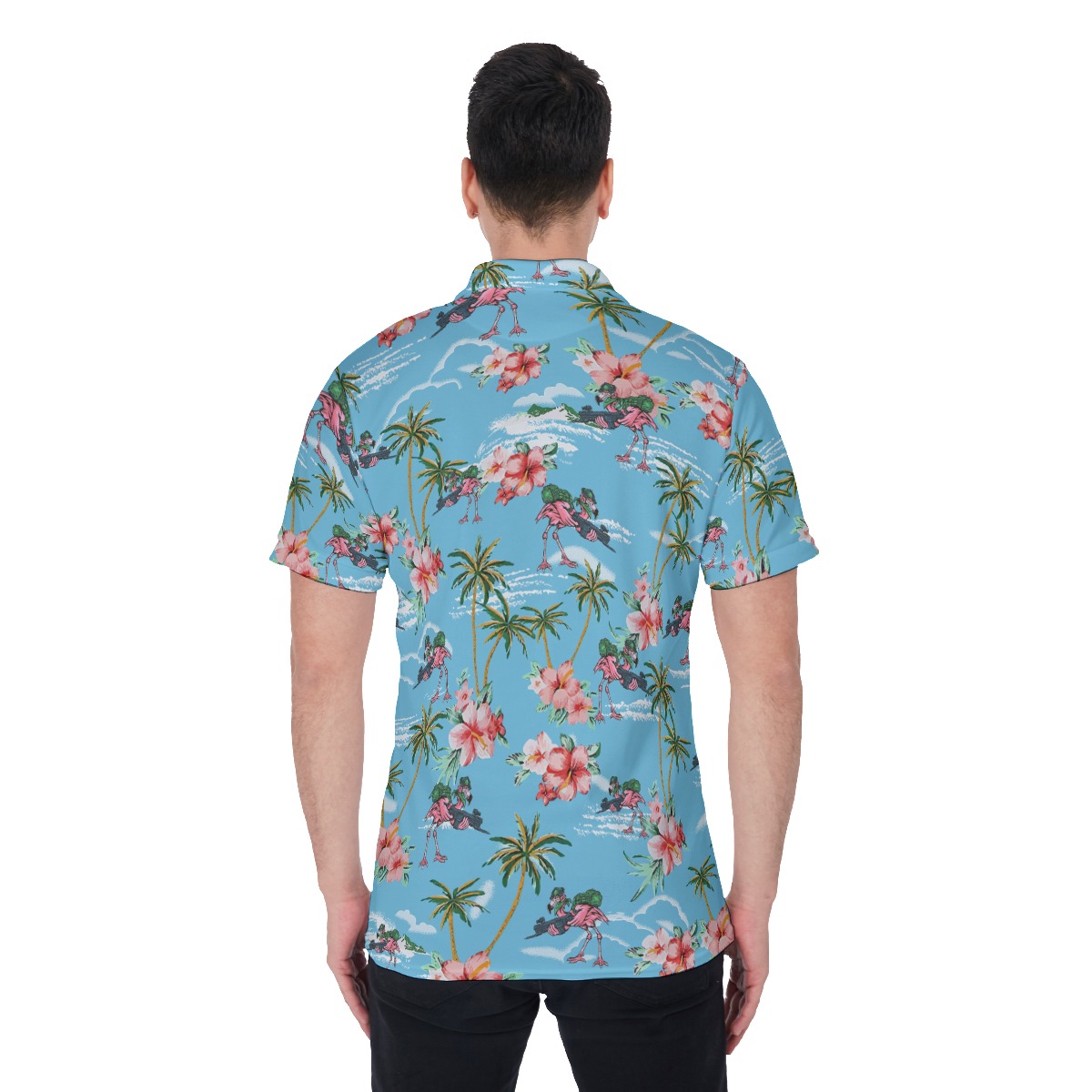 Funny Tactical Flamingo With Gun Tropical Blue Hawaiian Polo Shirt
