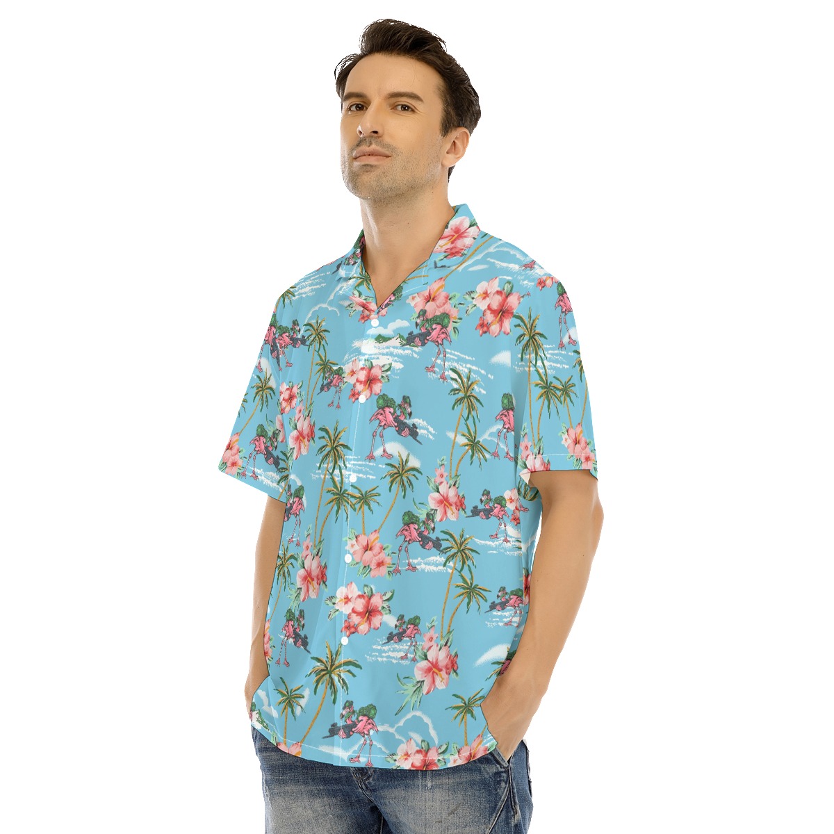 Tactical Flamingo Hawaiian Shirt With Tropical Palm Tree And Hibiscus