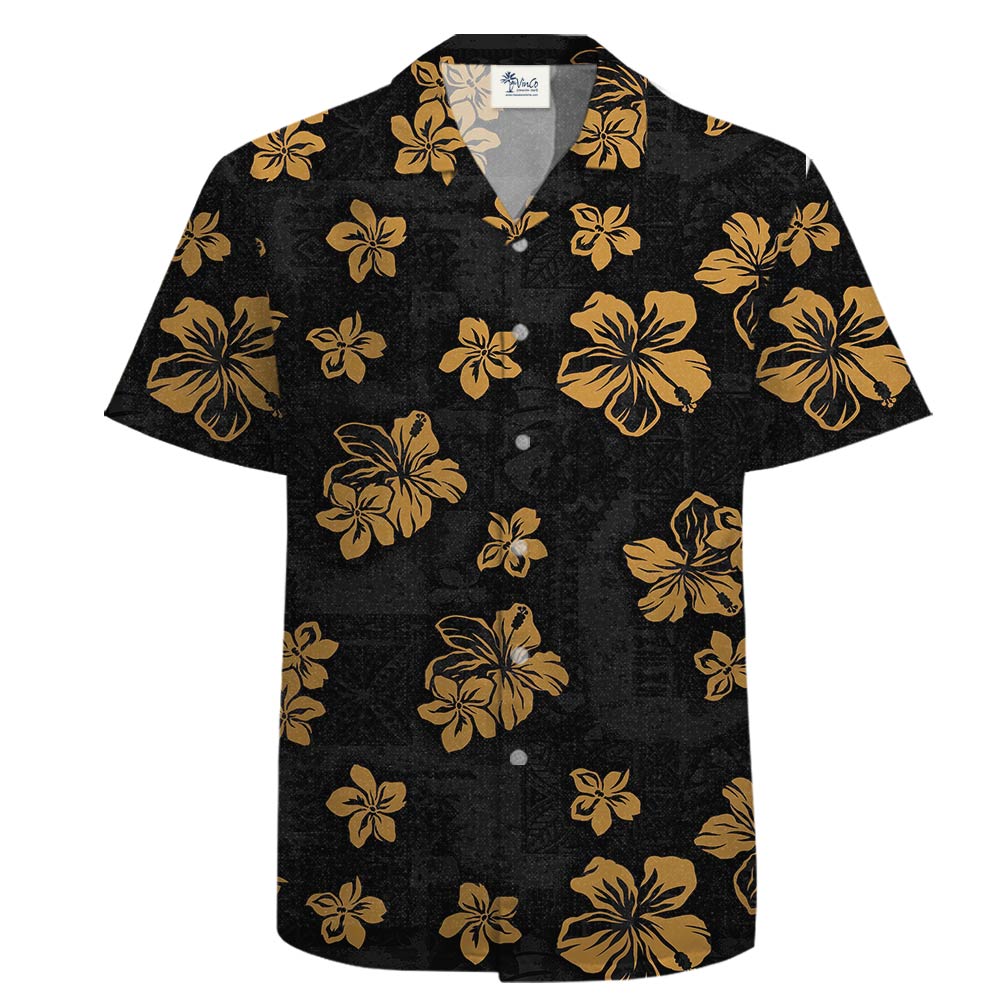 100% Cotton Classic Black Hawaiian Shirt Hibiscus Flowers - variant image 1