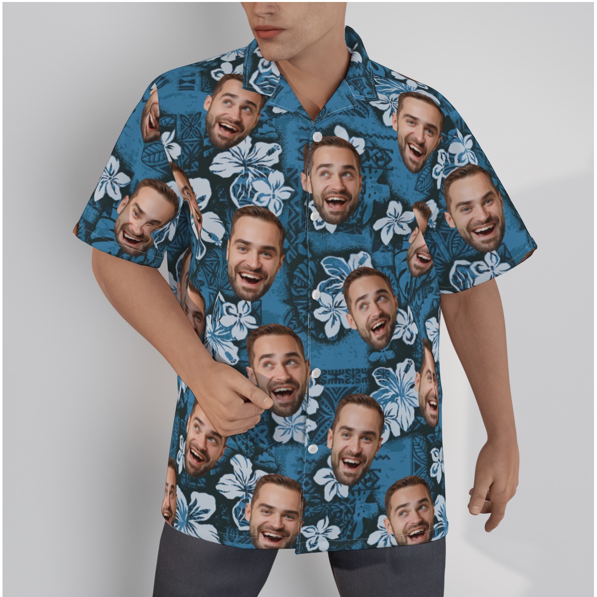 Vintage Blue Hawaiian Shirts With Faces On Them - variant image 1