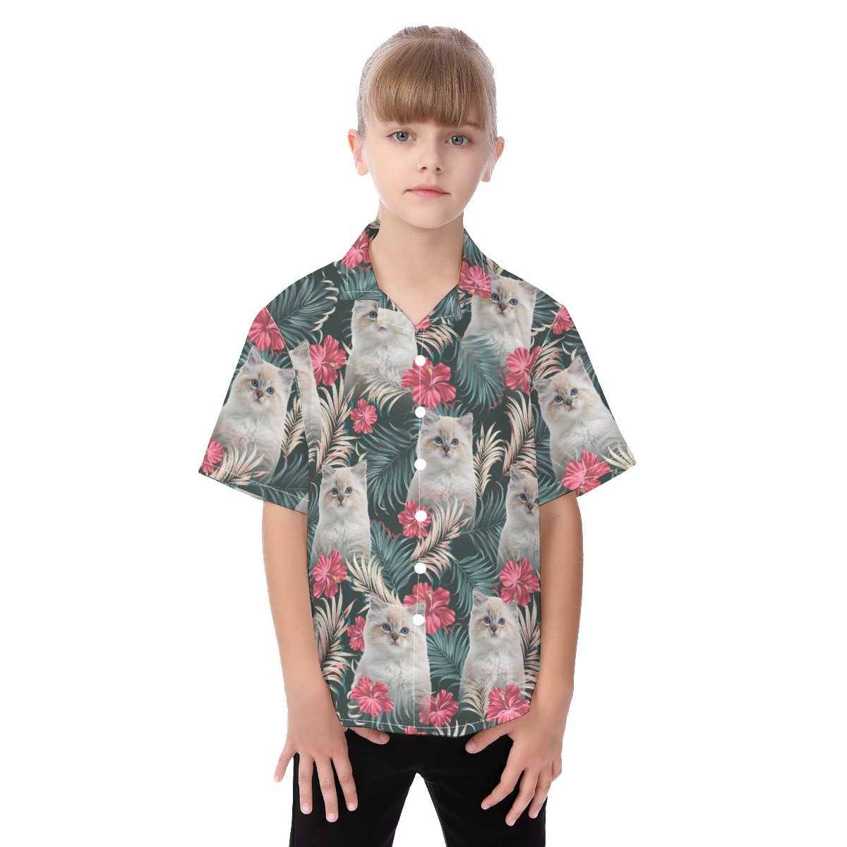 Personalized Cat Face Hawaiian Button Up Shirt For Kids - variant image 1