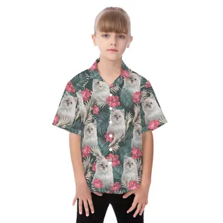 Personalized Cat Face Hawaiian Button Up Shirt For Kids