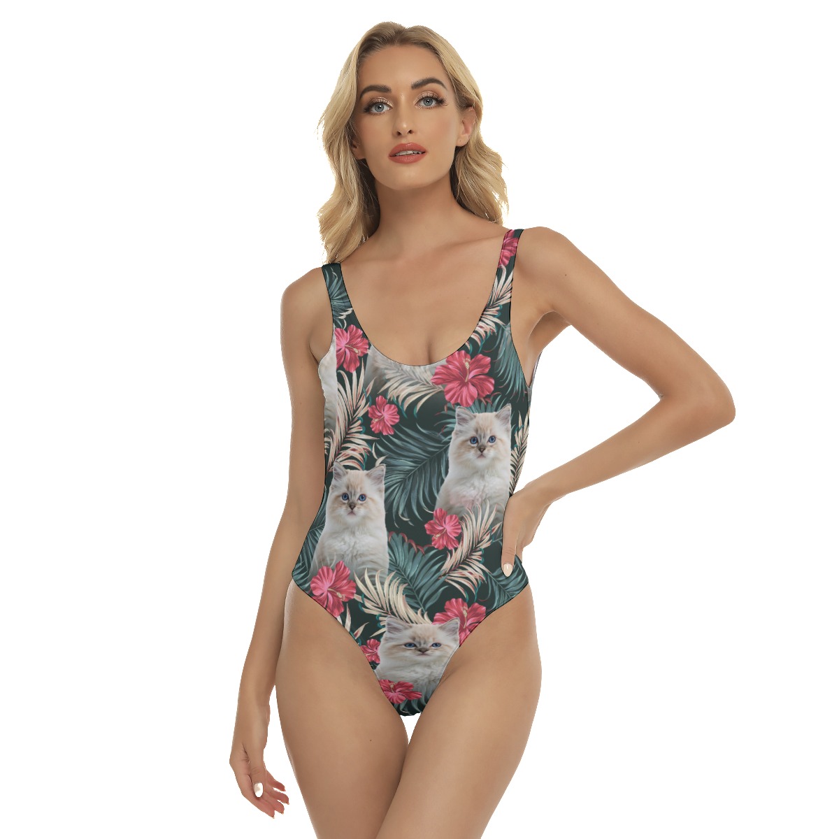 Custom Cat Face Hawaiian One Piece Swimsuit For Women - variant image 1