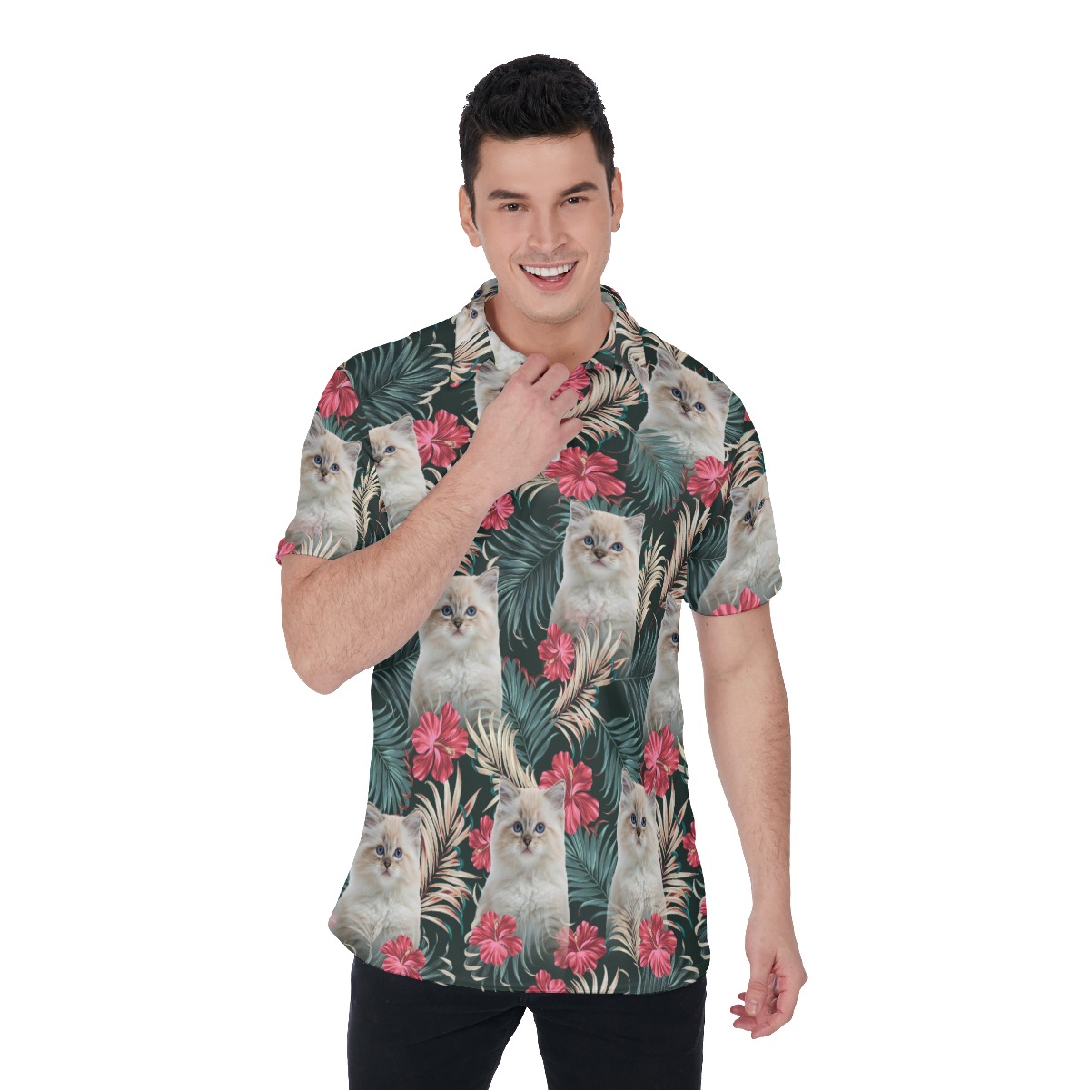 Personalized Cat Face Hawaiian Polo Shirt - variant image 1
