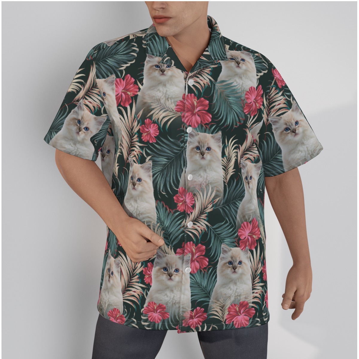Personalized Cat Face Tropical Button Shirt Hawaiian Style - variant image 1