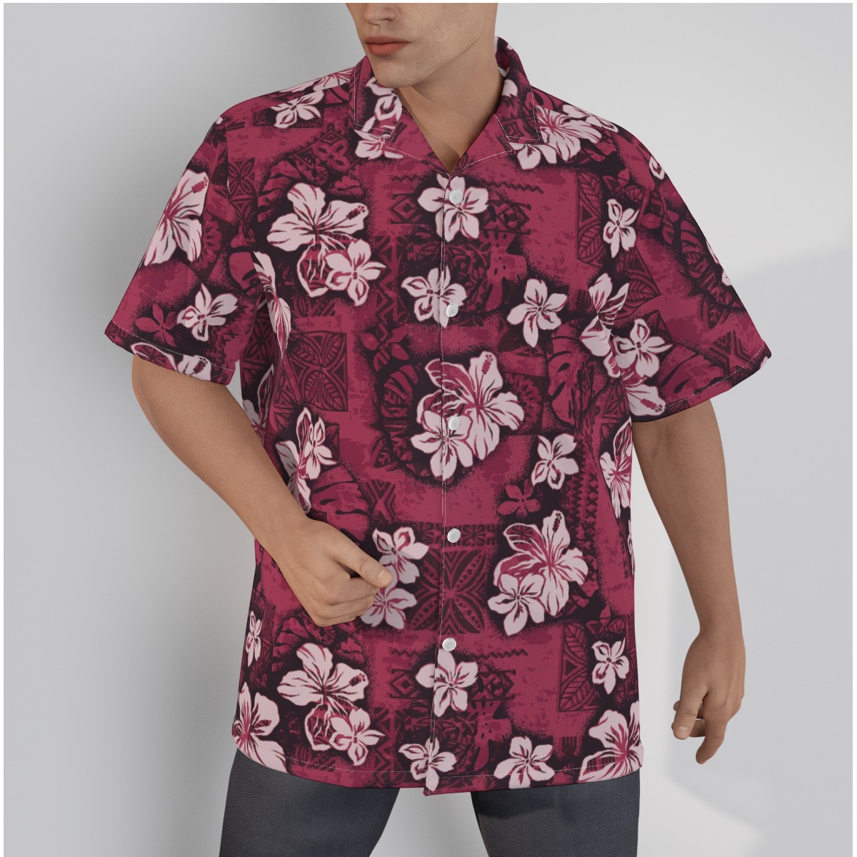 Men's Pink Cotton Hawaiian Shirt Classic Hibiscus Aloha