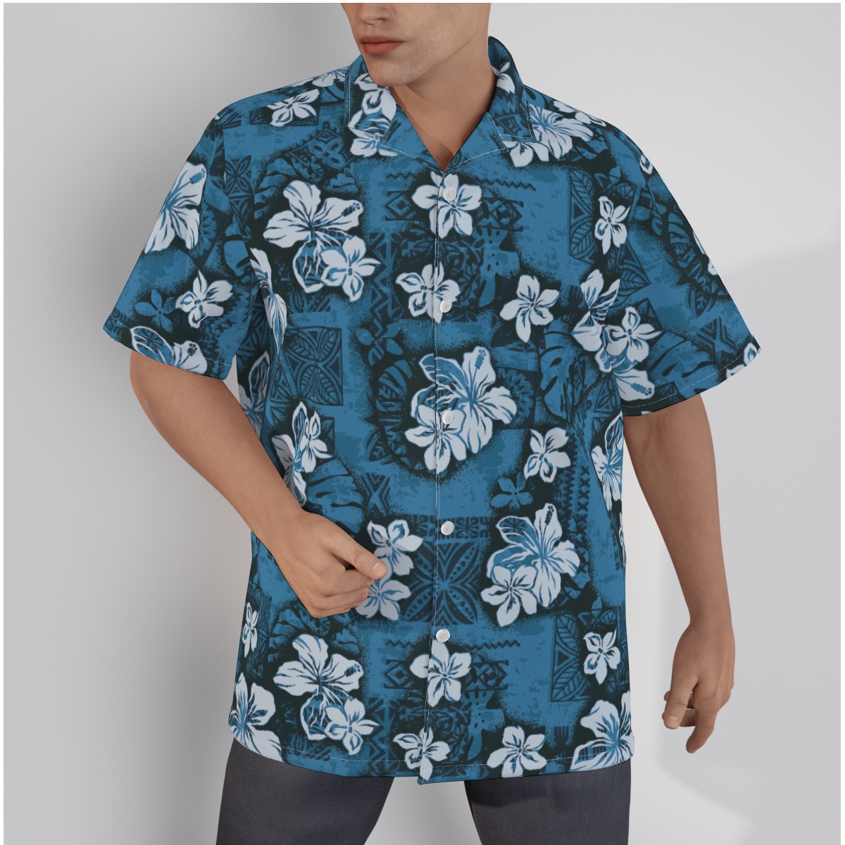 Classic Navy Hibiscus Cotton Hawaiian Shirt For Men