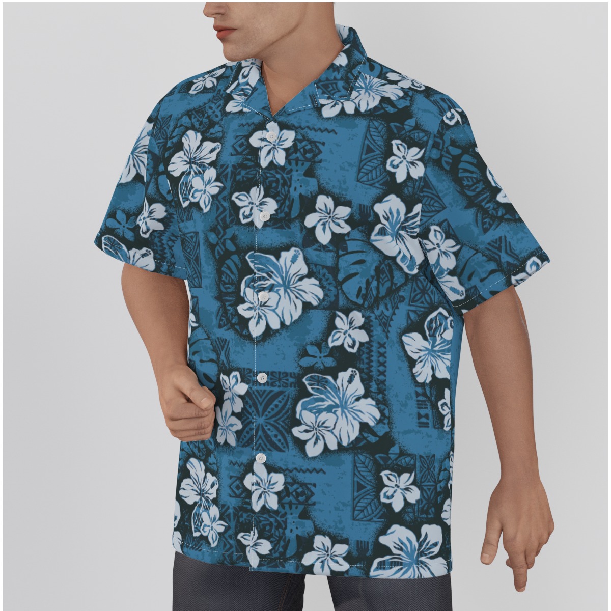 Classic Navy Hibiscus Cotton Hawaiian Shirt For Men