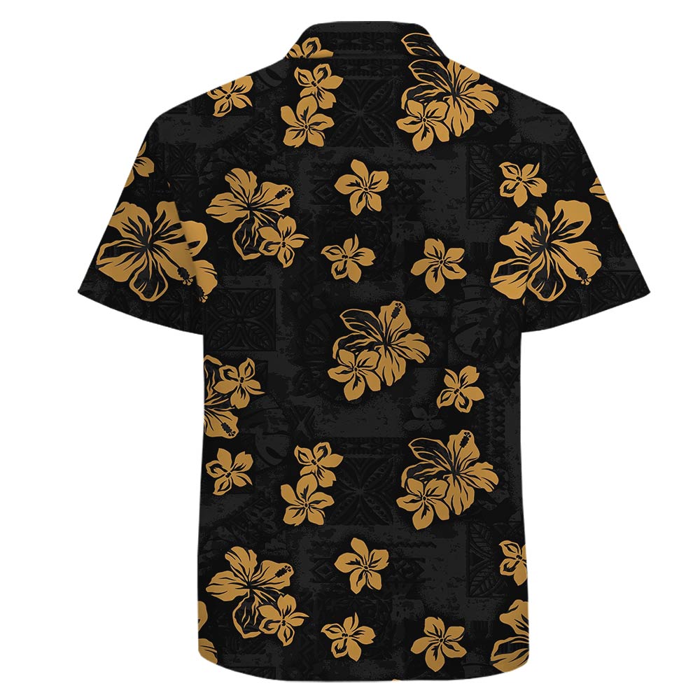 100% Cotton Classic Black Hawaiian Shirt Hibiscus Flowers