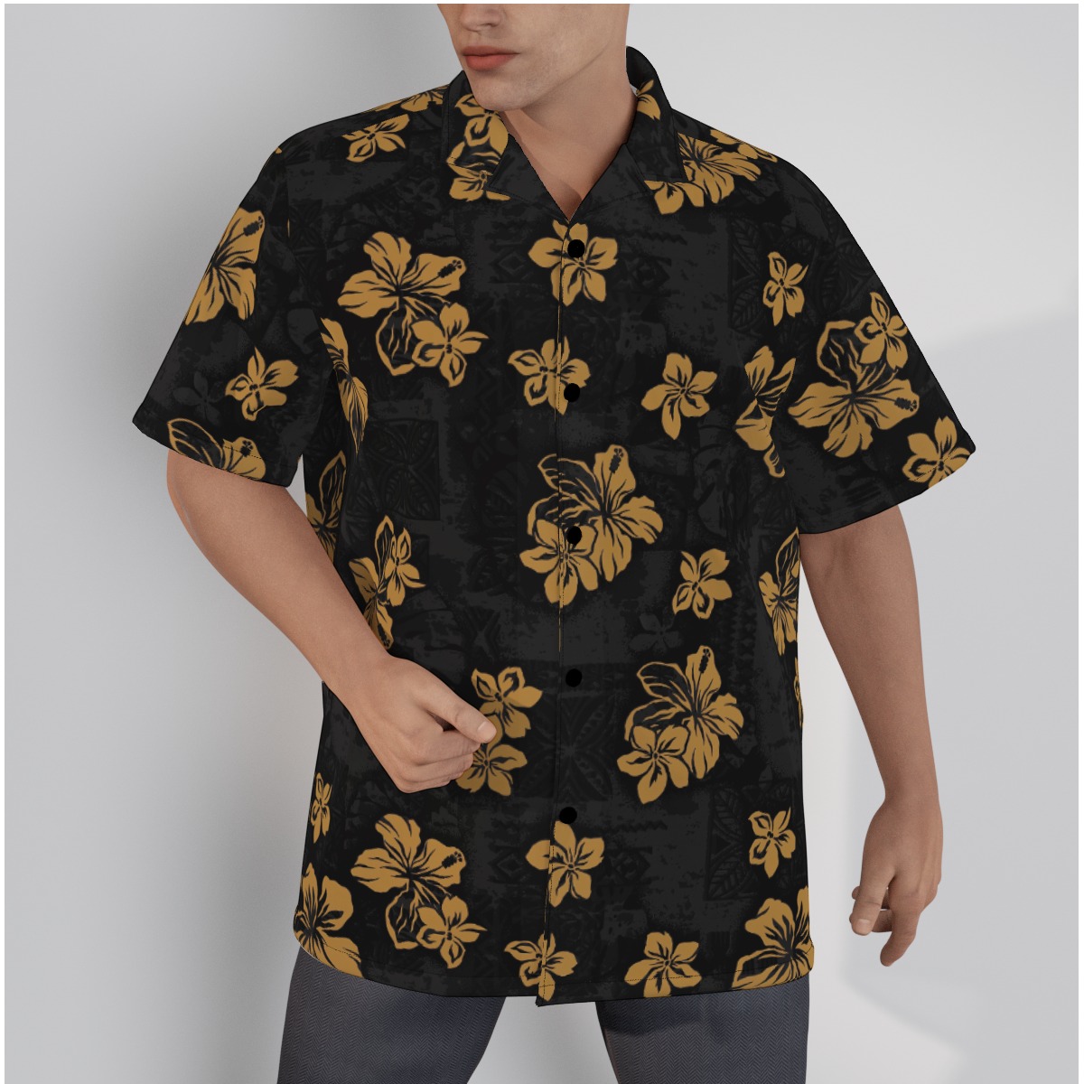100% Cotton Classic Black Hawaiian Shirt Hibiscus Flowers