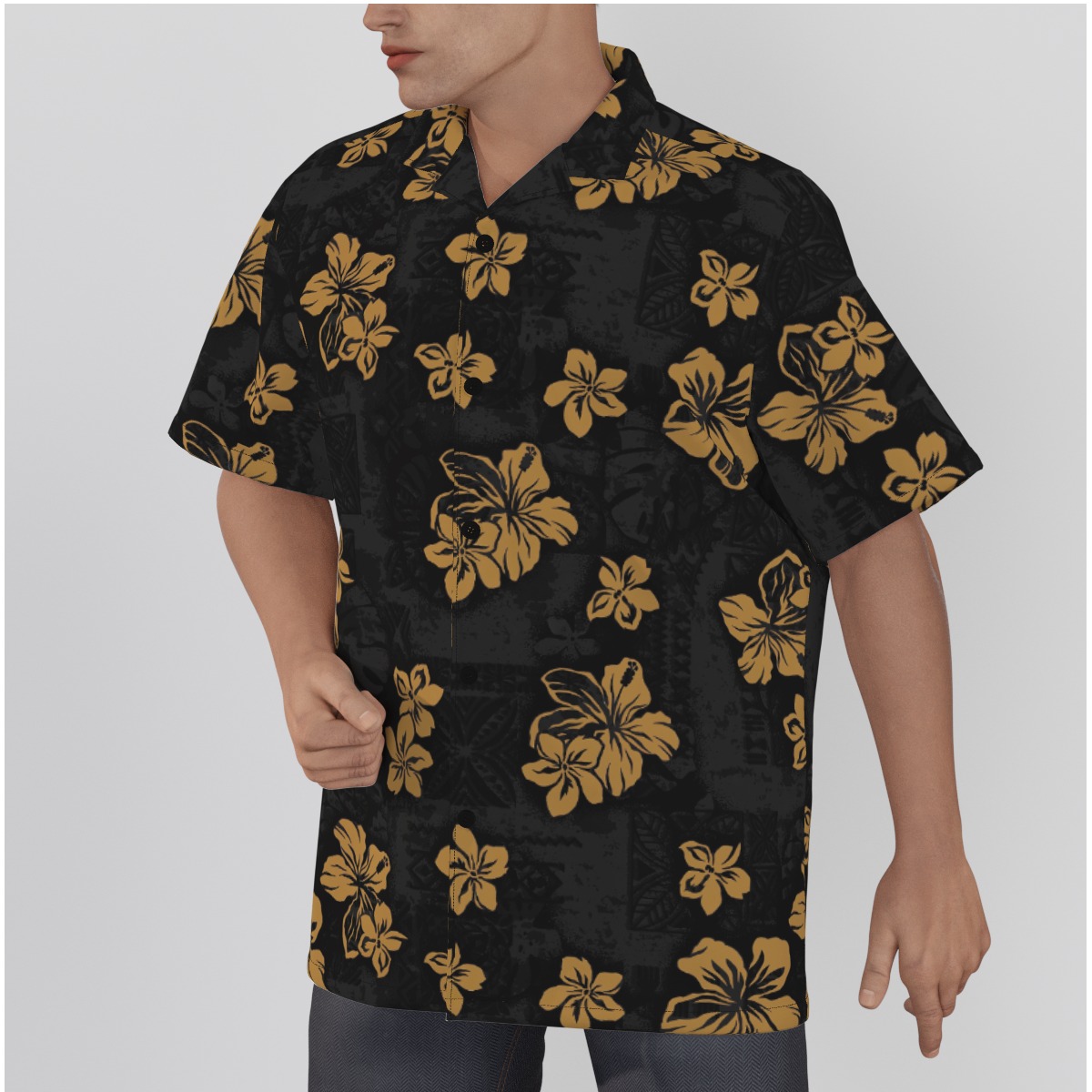 100% Cotton Classic Black Hawaiian Shirt Hibiscus Flowers
