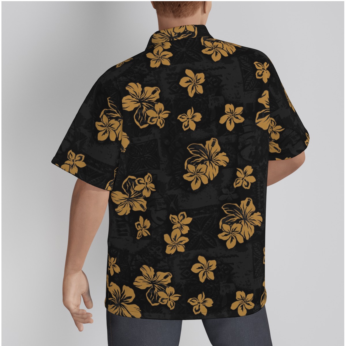 100% Cotton Classic Black Hawaiian Shirt Hibiscus Flowers