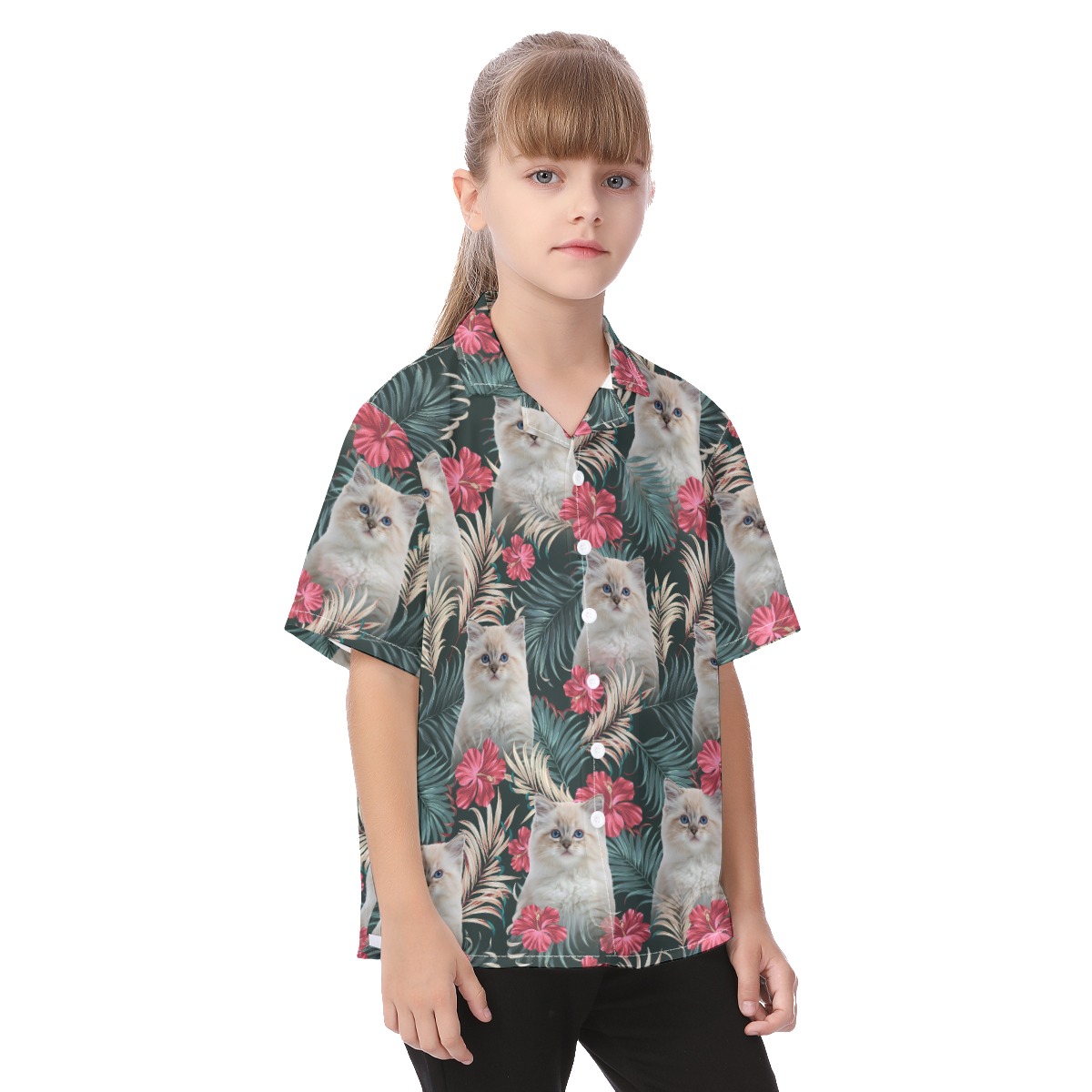 Personalized Cat Face Hawaiian Button Up Shirt For Kids