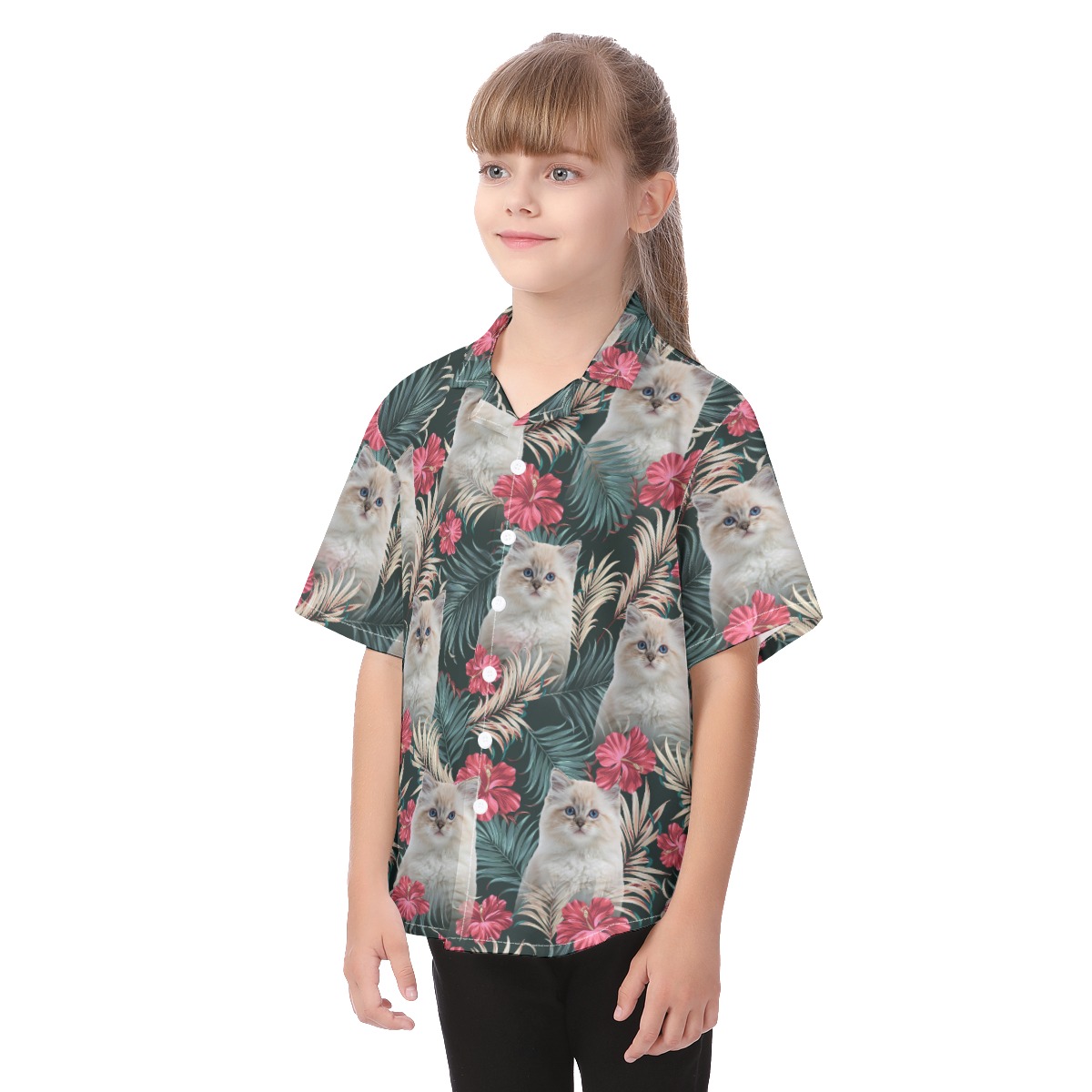 Personalized Cat Face Hawaiian Button Up Shirt For Kids