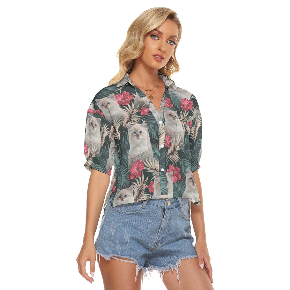 Custom Pet Face Hawaiian Cropped Shirt For Women