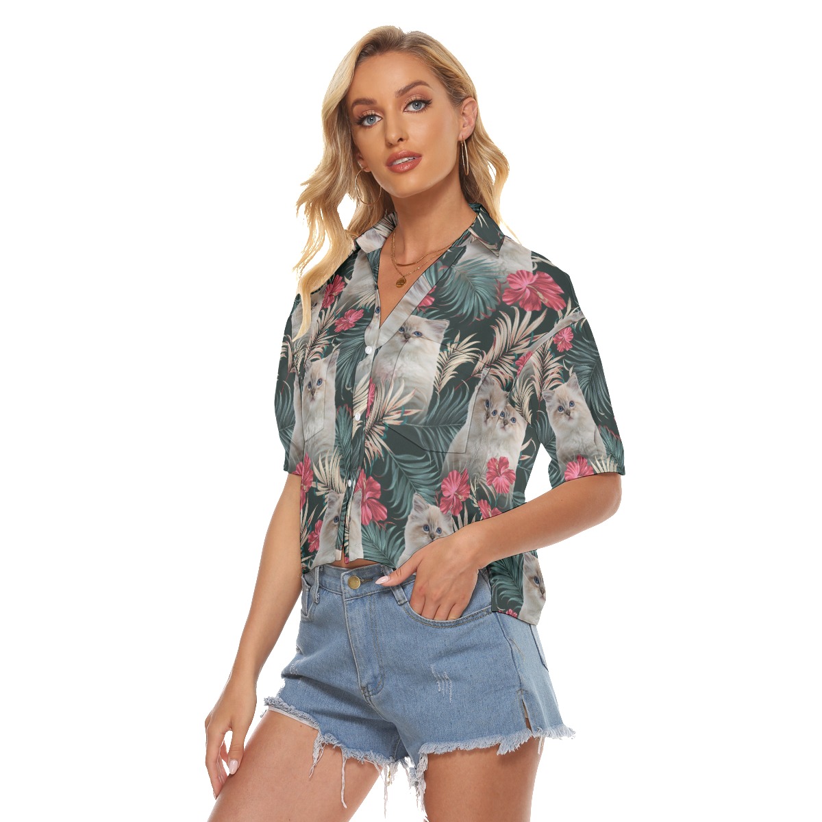 Custom Pet Face Hawaiian Cropped Shirt For Women