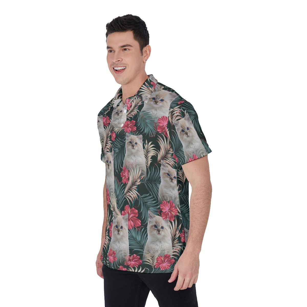 Personalized Cat Face Hawaiian Polo Shirt