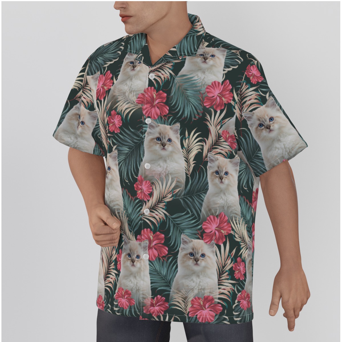 Personalized Cat Face Tropical Button Shirt Hawaiian Style