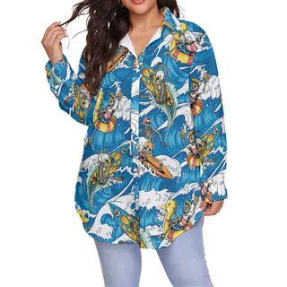 Cool Skeleton Surfing Blue Aloha Long Sleeve Shirt For Women