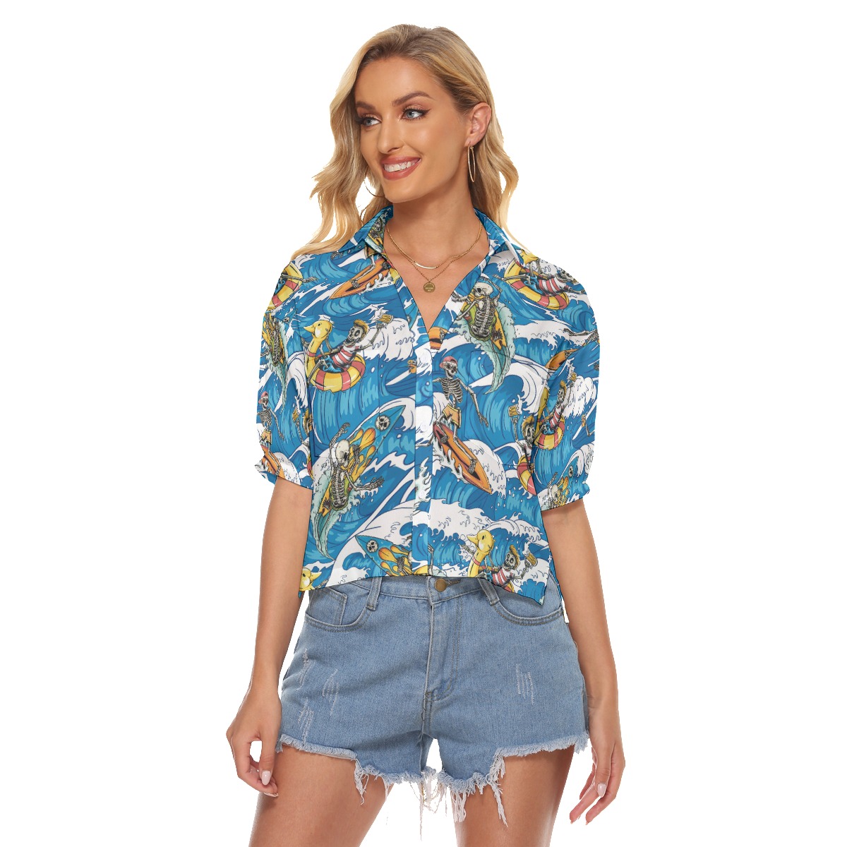 Funny Skeleton Surfing Aloha Crop Top Shirt - variant image 1