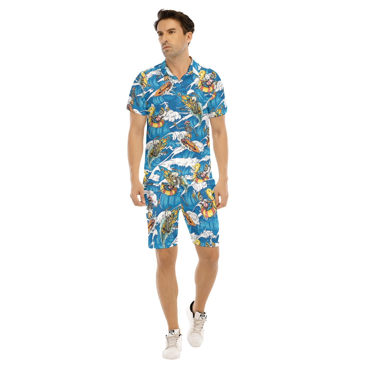 Set Skeleton Surfing Blue Hawaiian Shirt And Matching Shorts For Men - variant image 1