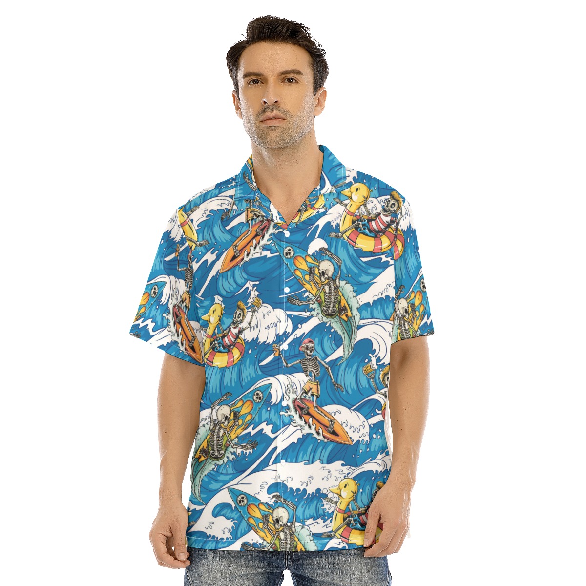 Skeleton Surfing Blue Hawaiian Shorts For Men - variant image 1