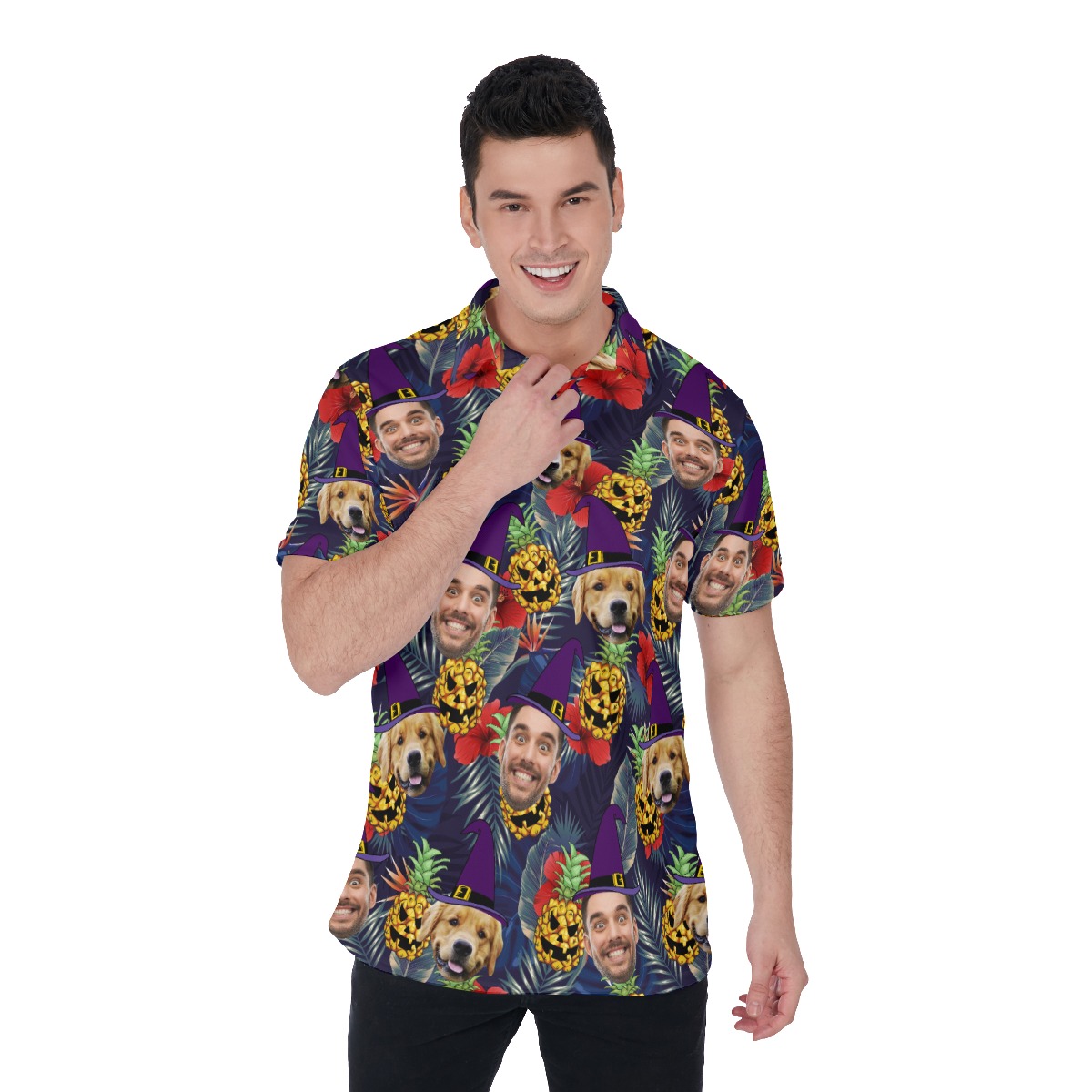 Custom Witch Face Halloween Polo Hawaiian Shirt - variant image 1