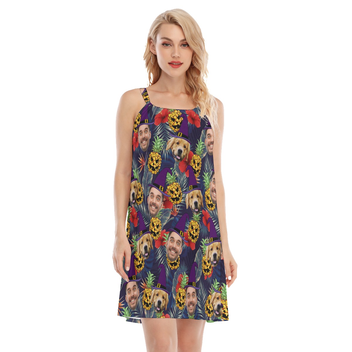 Custom Face Halloween Spooky Pineapple Hawaiian Dress For Women - variant image 1
