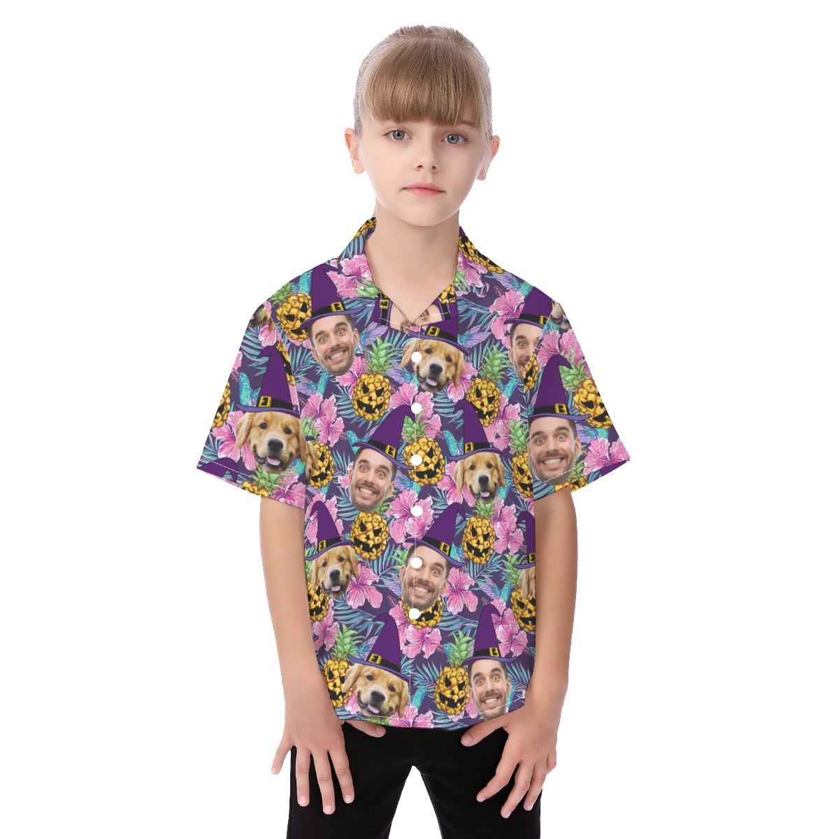 Custom Witches Face Kid's Halloween Hawaiian Shirt - variant image 1