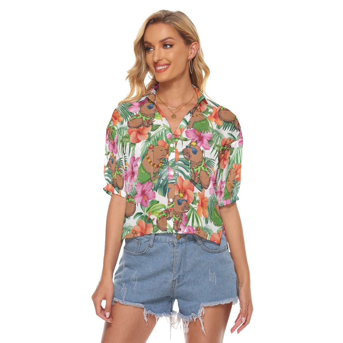 Funny Capybara Hibiscus Aloha V-Neck Shirt For Women - variant image 1