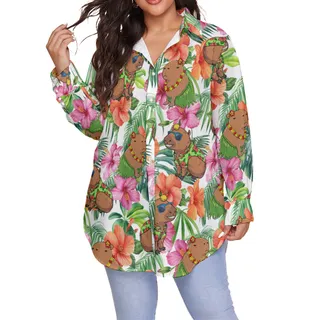 Hula Capybara Hibiscus Tropical Hawaiian Plus Size Shirt For Women