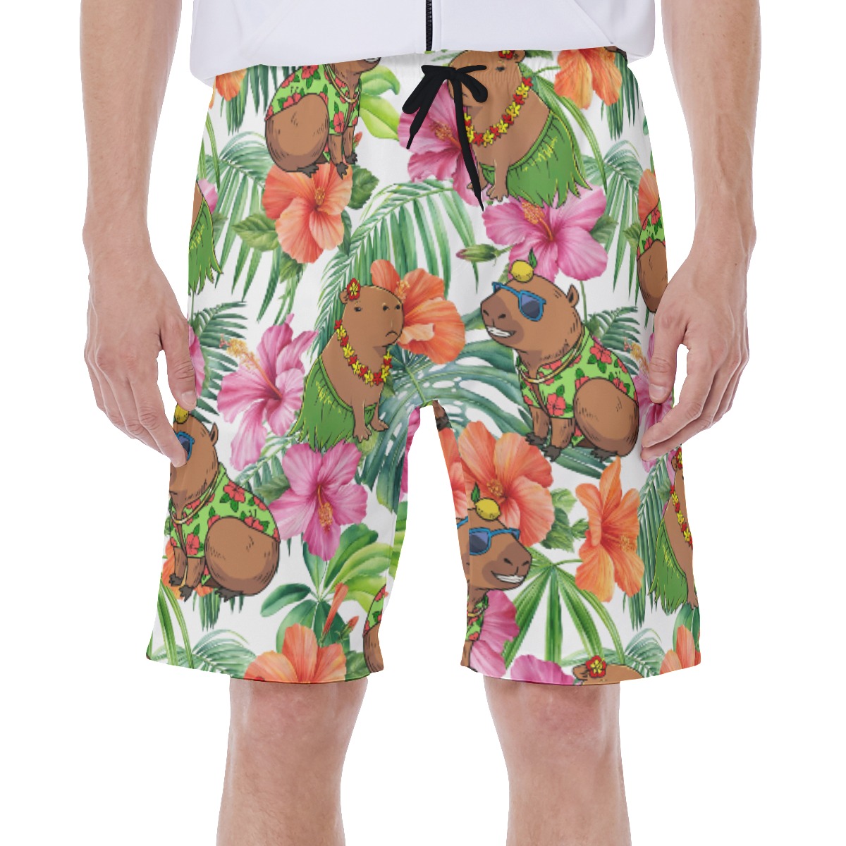 Funny Capybara Hibiscus Hawaiian Swim Trunks For Men - variant image 1